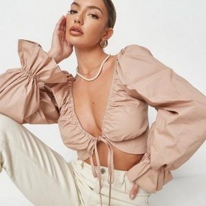 Missguided Stone Poplin Tie Front Crop Top